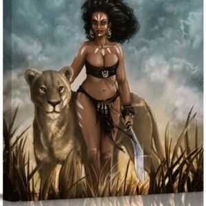 Warrior Woman and Lion Canvas Art